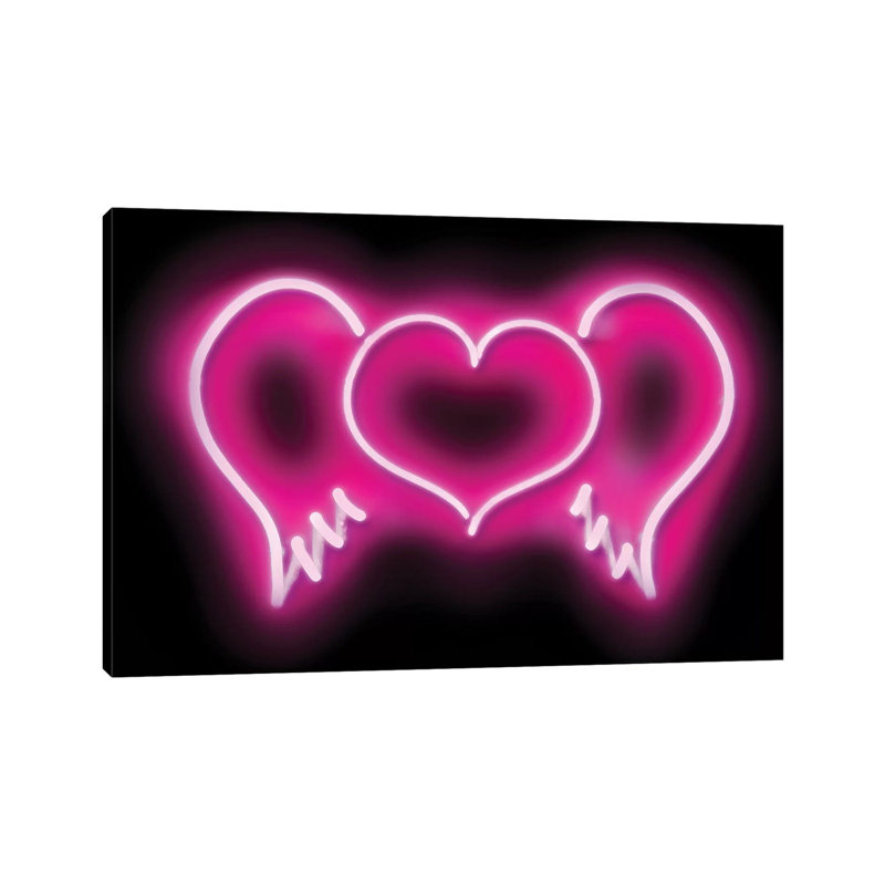 Neon Heart Wings Pink On Black by Hailey Carr - Wrapped Canvas Print, 30.48 cm H x 45.72 cm W
