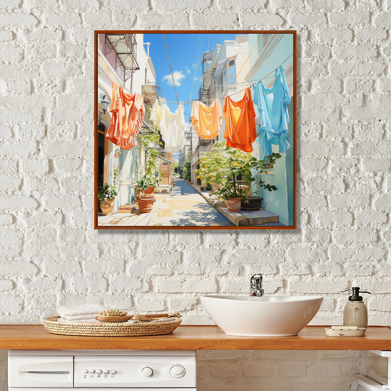 Blanchisserie en Italie V - Art mural, H 16 po x l 16 po x P 1 po, Cadre flottant brun