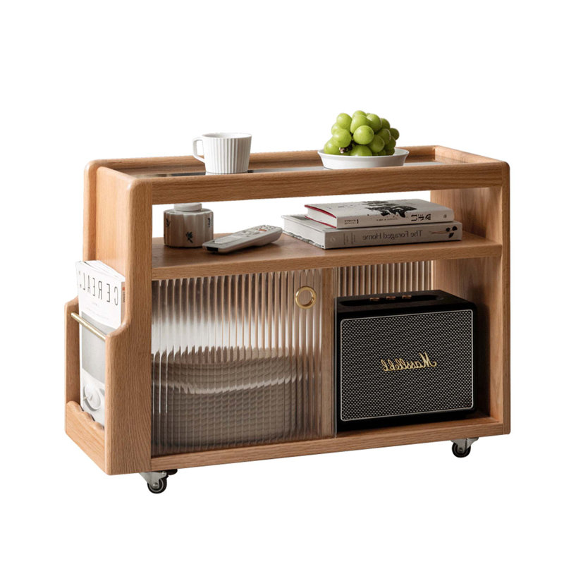 Moible Solid Oak End Table with Fluted Glass Doors, Wheels, Oak