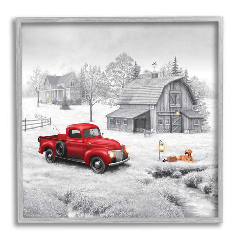 «Red Truck At Barn» encadré sur bois par Michael Shelton, impression, H 12 po x l 12 po x P 1,5 po