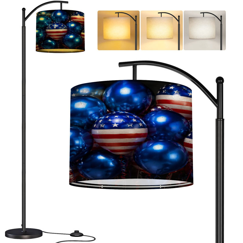  Arc Floor Lamp Patriotic American Flag Balloons Red White Blue Stars Stripes Tall Modern Standing Lamp LED Adjustable Linen Lampshade 3 Color Temperatures
