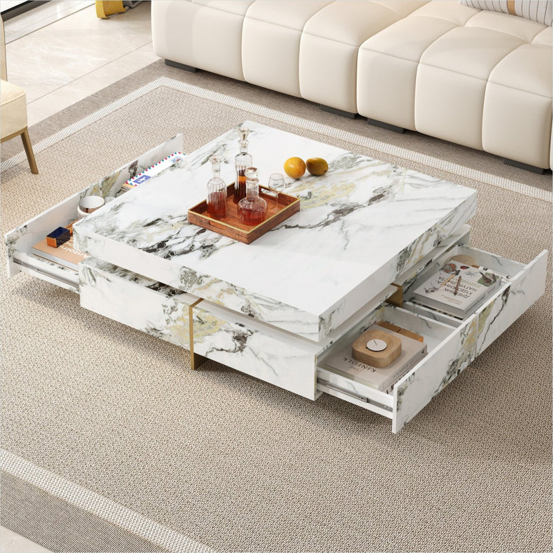 Table basse carrée avec texture en marbre et quatre tiroirs, panneau de fibres à densité moyenne blanc doux, 43,3 pouces