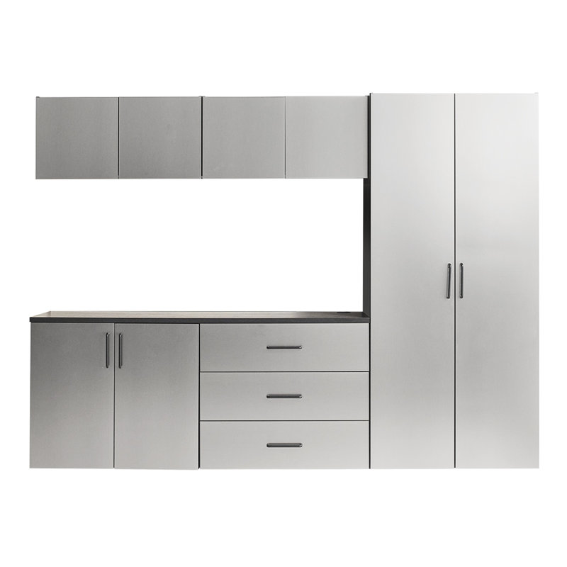 Série, Armoire de garage, finition gris métallique, tiroirs, facteur de qualité de l'eau et de la chaleur, 2 bandes de bordure plus épaisses, ensemble de tablettes réglables, support double en métal 6 B, 96 po L 79 po x P 20 po, tiroirs