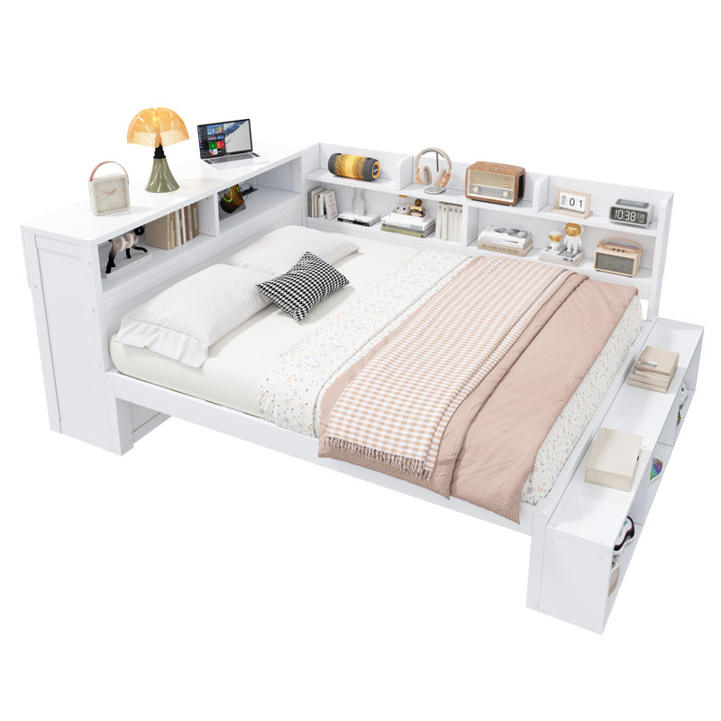 Full Size Daybed with Storage Cabinets, Shoe Cabinet and USB Ports, White, White