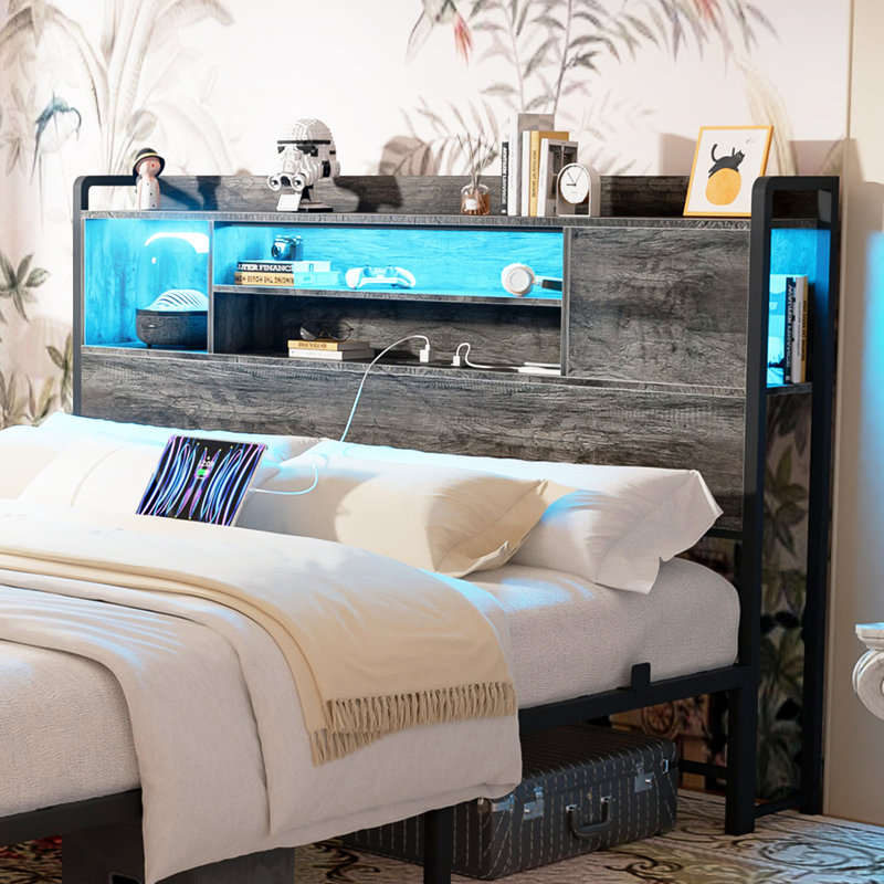 Longan Bed Frame with Reversible Storage Bookcase Headboard, Charging Station and LED Light, Black Oak, Queen