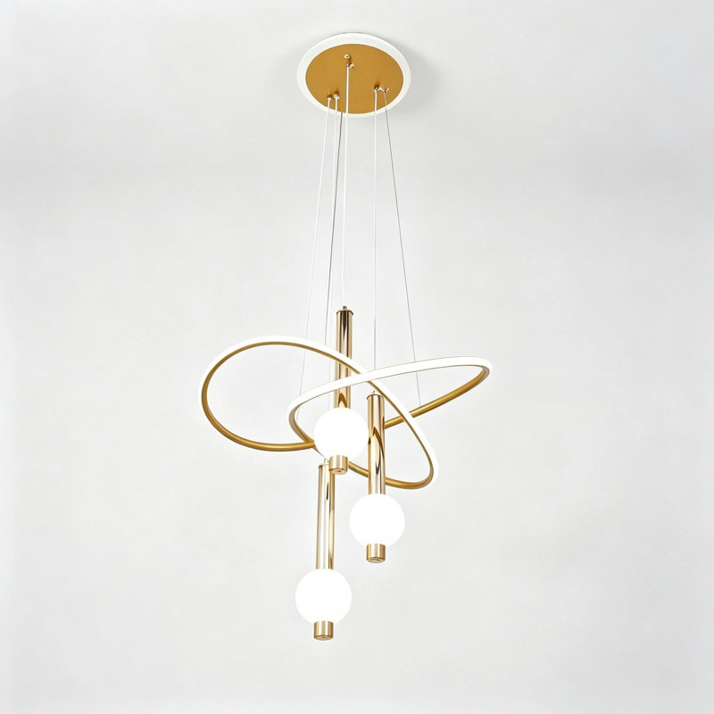 Suspension moderne dorée à hauteur réglable, conçue avec un anneau DEL entrelacé et 3 spots DEL intégrés de type sucette, intensité variable 3 couleurs, plaque de plafond lumineuse
