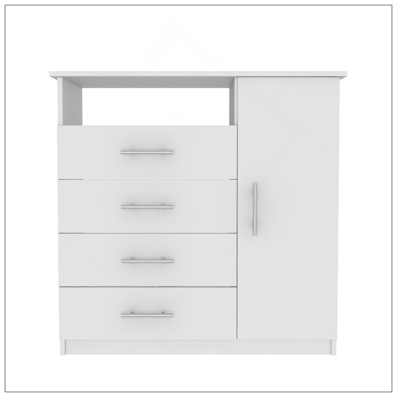 Commode 4 tiroirs, armoire à une porte, tablette ouverte, plateau supérieur blanc, Blanc