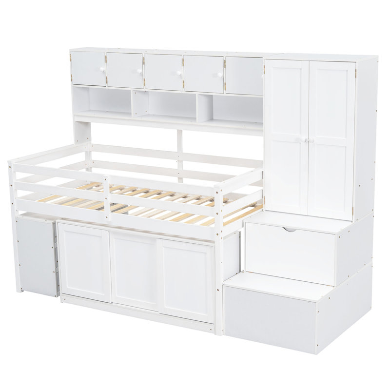 Grand lit mezzanine en bois avec rangement sous le lit, avec tiroirs et tablettes, Lit simple, Blanc