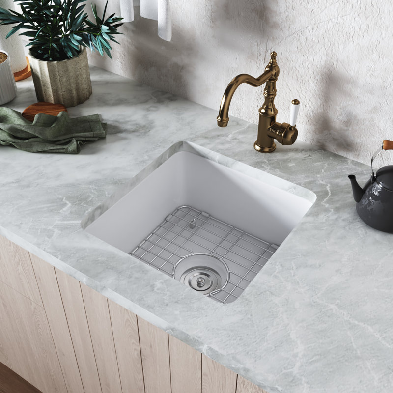 DeerValley Square Fireclay 18" L x 18" W Undermount/Drop-In Kitchen Sink with Basket Strainer and Sink Grid