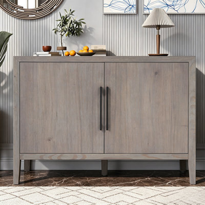 Armoire de rangement 47,5 pouces avec placage en pin et 2 portes minimalistes en bois avec poignées en métal pour le salon, la cuisine