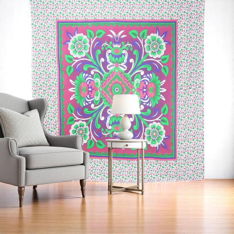 Tapisserie 88 po x 84 po à motif floral en coton rose, vert et blanc