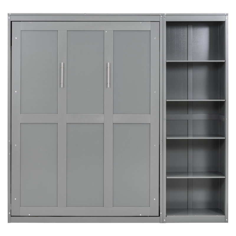 Lit double gris avec tablette de rangement - Armoire pliable compacte pour les maisons et les salles de sport, Gris