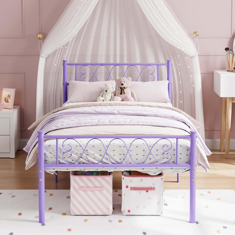 Structure de lit simple en métal avec tête et pied de lit, rangement 12,2 po, mauve, Lit simple, Mauve