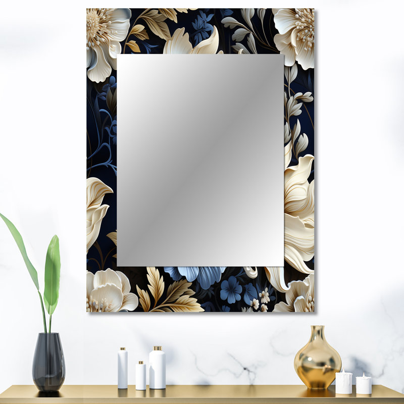 Fleur de marguerite bleu foncé et blanc Douglasland - miroir floral, miroir mural décoratif de campagne, impression d'art en métal