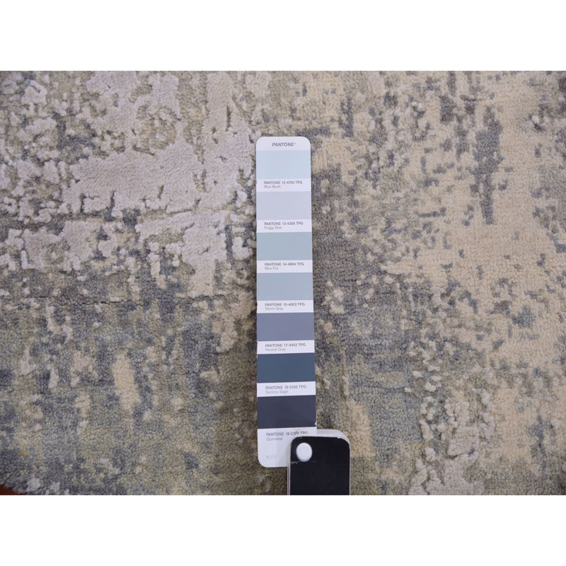 Tapis rond gris en laine et soie noué à la main 4 pi x 4 pi à motif abstrait Moonfake