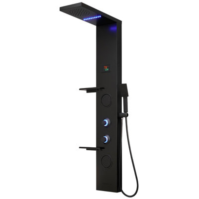 51.1 Inch 4‑Function Matte Black Shower Panel Tower, Wall‑Mount Stainless Steel Shower System with Rainfall Shower Head, Handheld Wand, Body Jets, LED Display & Storage Shelves