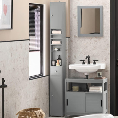 Armoire de rangement étroite pour salle de bain avec 2 portes, 1 tiroir, gris