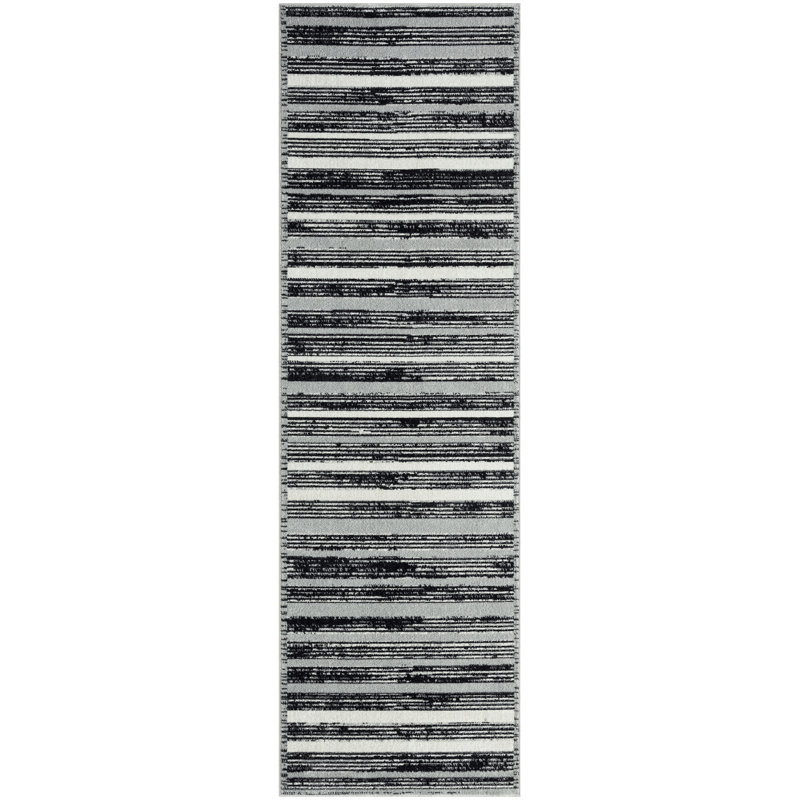 Amla Striped Machine Washable Area Rug in Light Gray/Black, Runner 2'2" x 7'2"