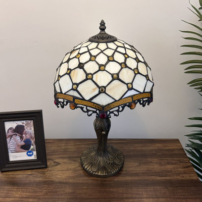 Bloomsbury Tiffany Table Lamp Beige Stained Glass Crystal Beans Included LED Bulb 12"W*12"D*21"H