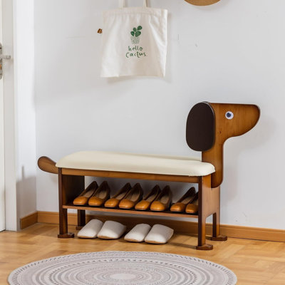 Banc à chaussures en forme de chiot - Organisateur de hall d'entrée en bois massif à 2 niveaux pour le couloir et le salon