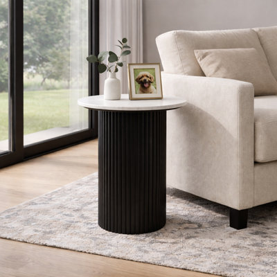 Modern Round Marble Top End Side Table With Mango Wood Base For Living Room  - Modern Fluted Accent For Narrow Space Styling - 22"