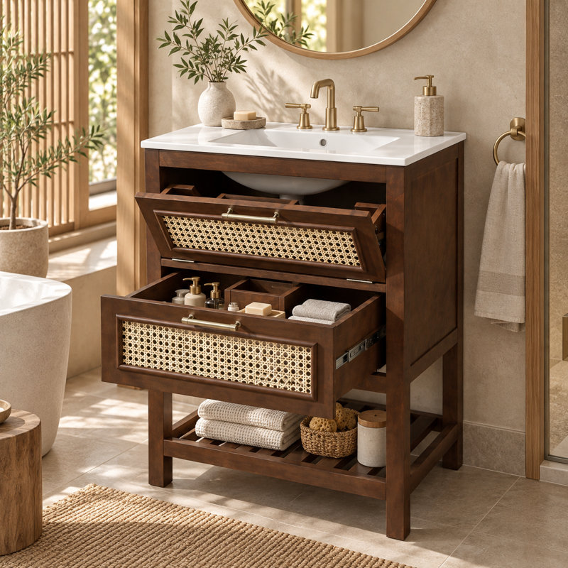 24" Modern Single Sink Bathroom Vanity with Integrated Ceramic Sink, Storage Cabinet with Deep Drawer and Tip‑Out Drawer for Small‑Medium Bathrooms