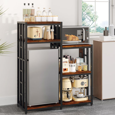 6-Tier Adjustable Mini Fridge Stand with Storage Shelf, Heavy Duty Kitchen Rack with 3 Power Outlets & Air Switch, Microwave and Coffee Bar Organizer, 360lbs Capacity for Dorm, Apartment, Brown
