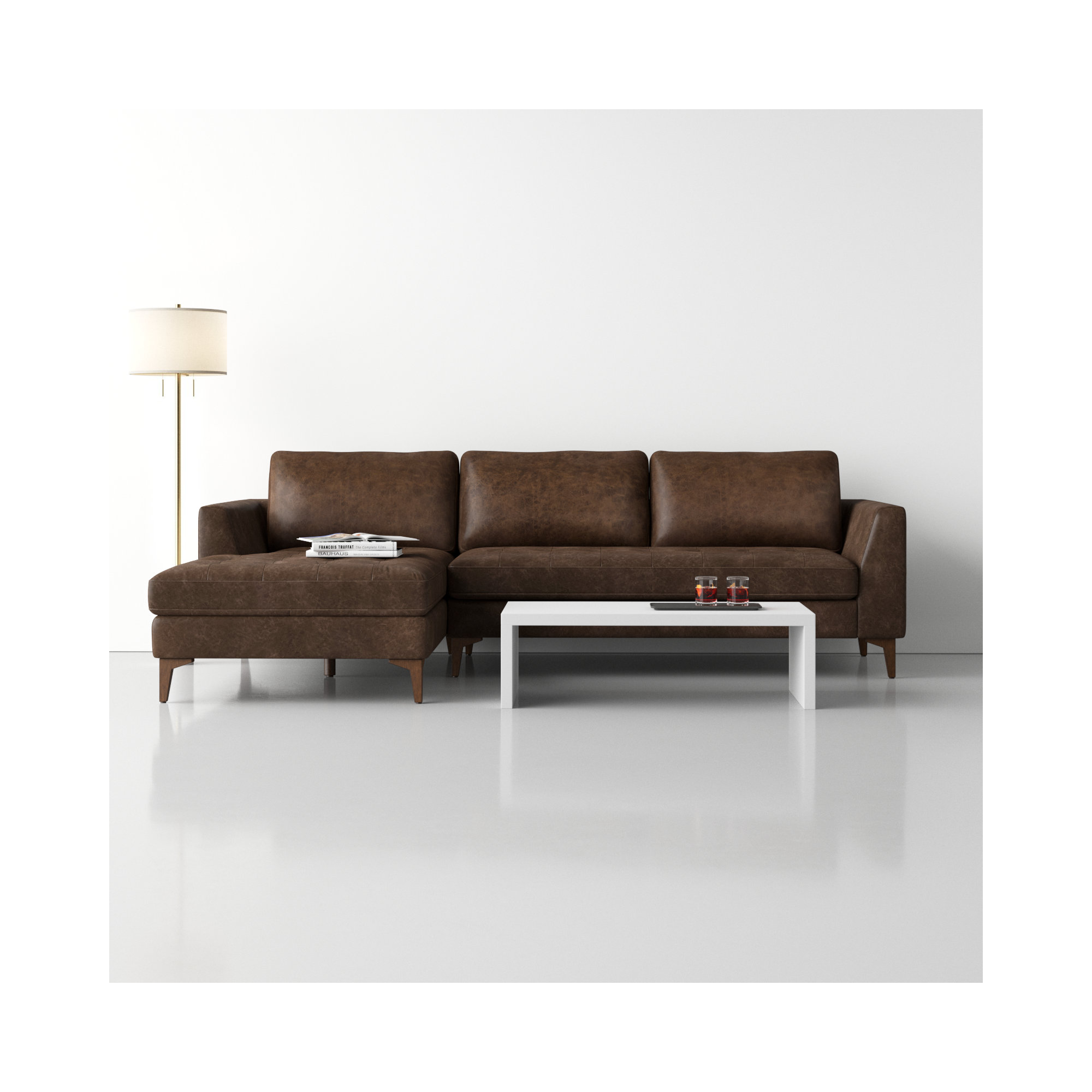  Full-Grain Genuine Italian Leather Sectional Sofa, Brown Stone Full Grain Leather, Black, Left Hand Facing