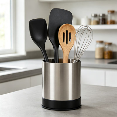 Porte-ustensiles rotatif en acier inoxydable avec compartiments, organisateur de comptoir pour les spatules et les ustensiles de cuisine, conception pivotante stable, va au lave-vaisselle