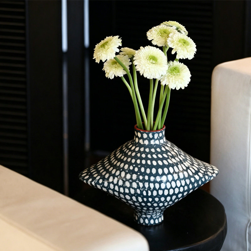 Abstract Grid Pattern Hand Painted Ceramic Accent Vase