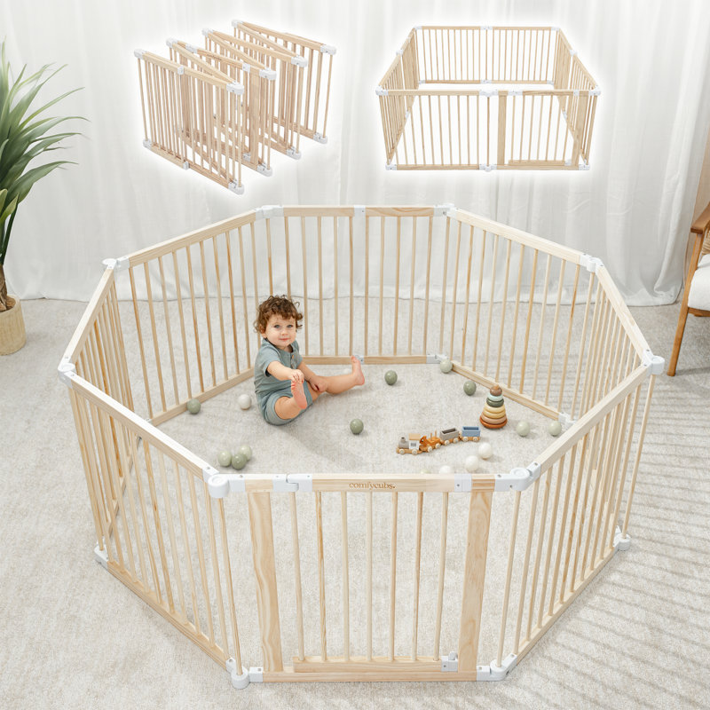 Foldable Gray Wooden Baby Playpen with Locking Gate