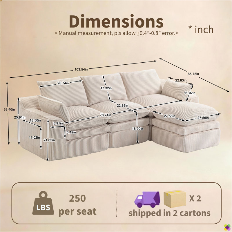 Canapé modulaire Kanfi de 103,54 po Kaneki, Velours côtelé beige