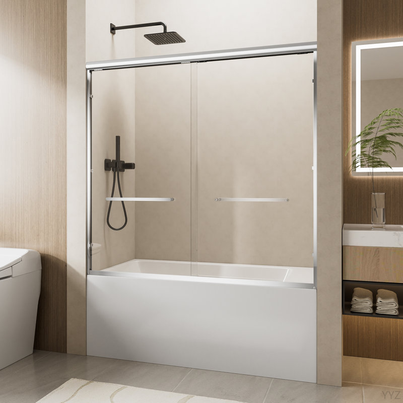 56"-60" W X 57" H Aluminum Frame Double Sliding Shower Door, Soft-Close Chrome Bathtub Door, 1/4" (6Mm) Clear Nano-Coated Tempered Glass, Dual Stainless Steel Handles