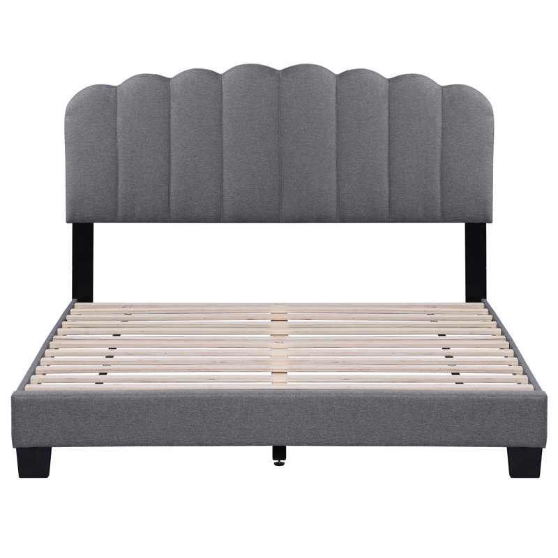 Lit plateforme tapissier avec velours et tête de lit à rayures, avec hauteur de tête de lit réglable
