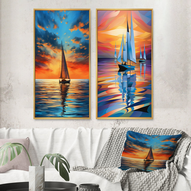 "Voilier Harmony en mer" 2 pièces, Encadrement doré, H 32 po x l 32 po