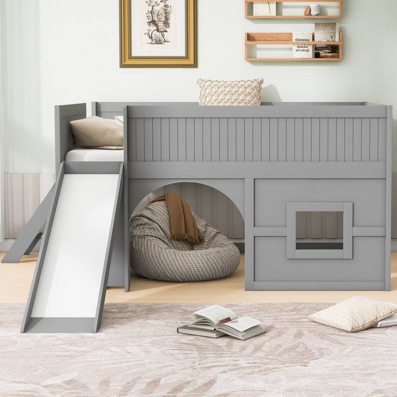 Mapleton All-in-One Low Loft Bed With Storage Shelves And Slide, Gray