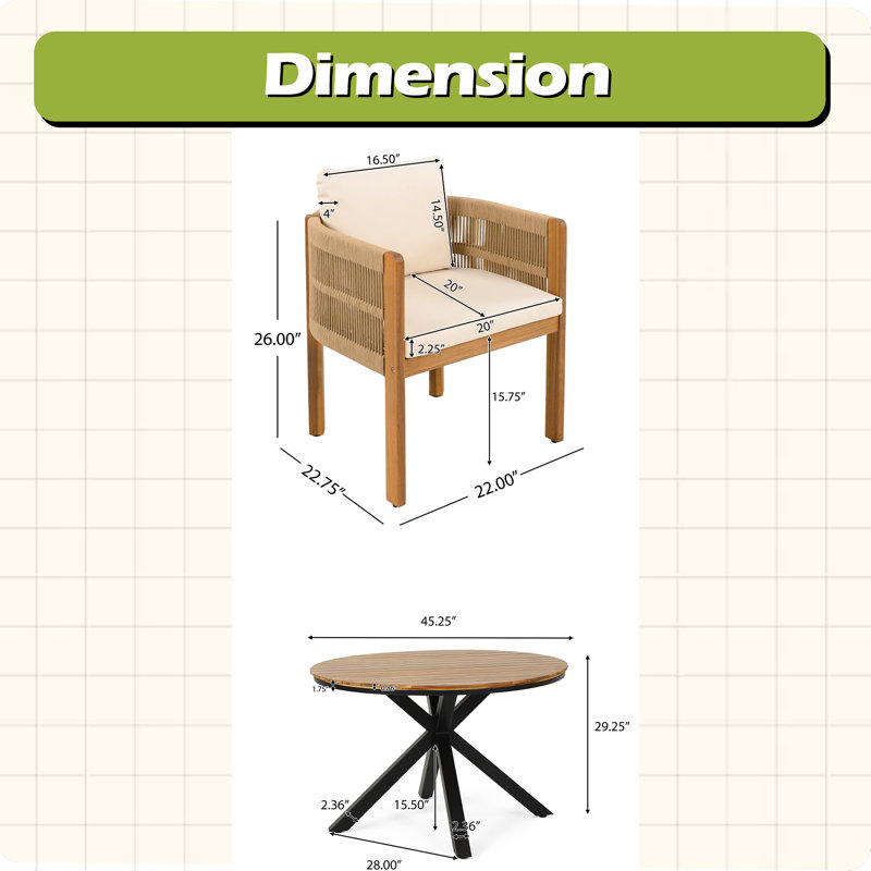 Ensemble de salle à manger 5 pièces pour l'extérieur avec table ronde en teck et 4 chaises en corde
