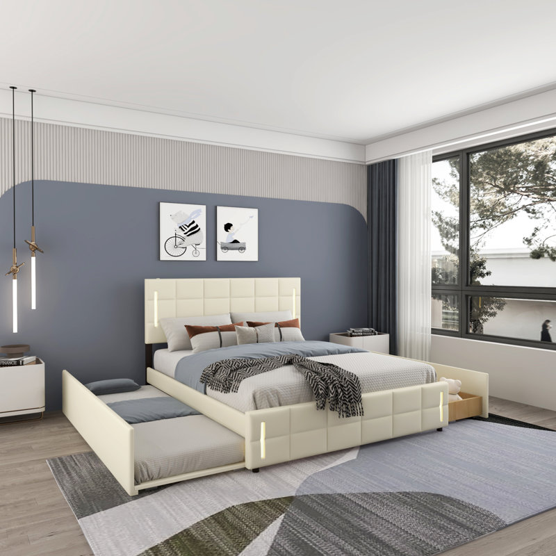 Lit plateforme tapissier avec rangement Keyra, Beige