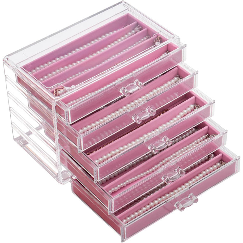 Boîte de rangement pour collier en acrylique avec tiroirs doublés de velours - Présentoir à bijoux transparent pour colliers et chaînes, rangement empilable avec couvercle, compartiments de grande capacité