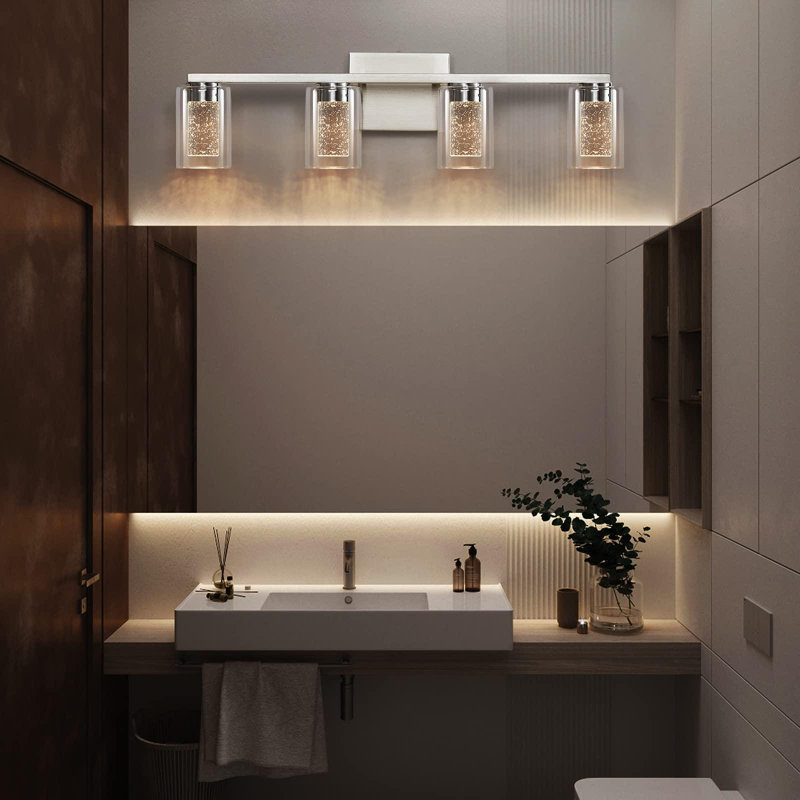 Dimmable 4-Light Brushed Nickel Vanity Bathroom Light with Clear Glass Shades