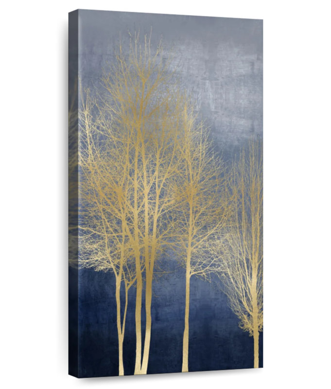 Arbres dorés sur panneau bleu I, H 30 po x l 15 po
