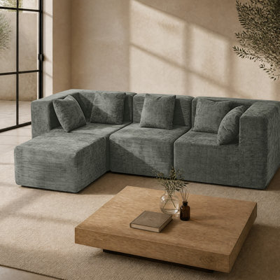 130" Boneless Modern Modular Chenille Sofa with Ottoman & Armless Chair, Compression Foam Sectional Couch, Deep Seat No-Assembly
