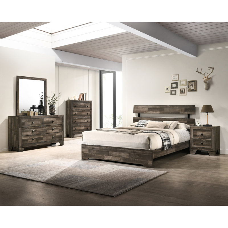 Lit plateforme contemporain très grand avec tête de lit à profil bas rustique, placages de bois brun, dans une boîte, cadre à lattes, bois massif, boîte