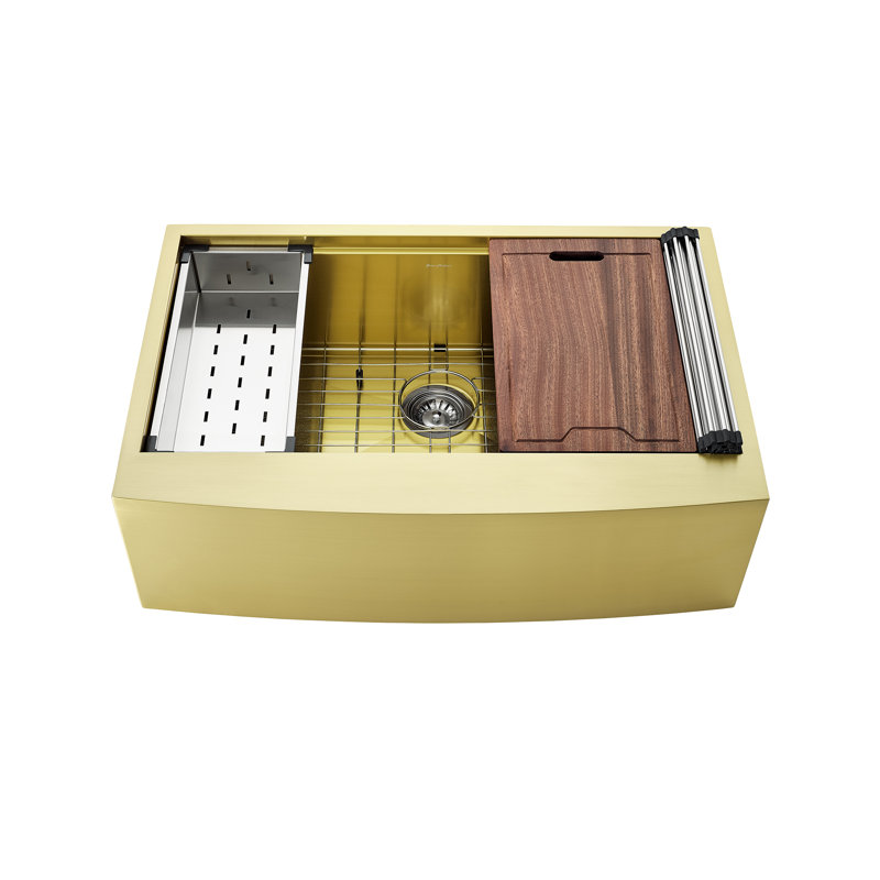 Tourner 33 x 22 Stainless Steel, Single Basin, Farmhouse Kitchen Workstation Sink with Apron, Gold