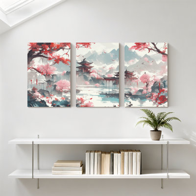 Paysage et nature, fleurs de cerisier, pagode, lac, reflet, montagnes, oiseaux, eau de source, ensemble de 3 impressions sur toile