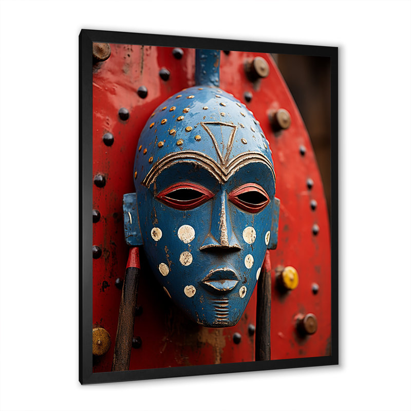 Masque rituel africain festif I, Cadre simple noir, H 32 po x l 24 po x P 1 po