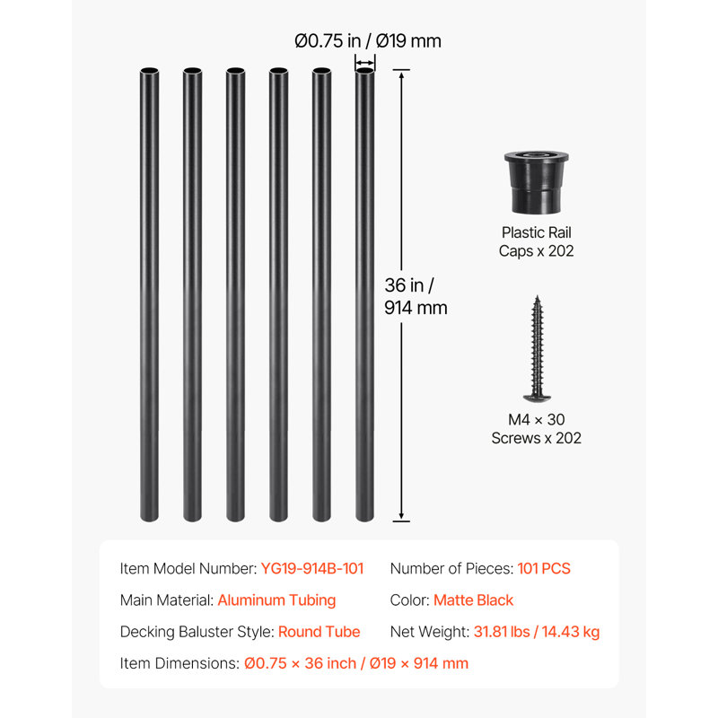 Lot de 101 balustres d'escalier, 91 cm (36 po) en aluminium, barreaux ronds étanches de 19 mm (3/4 po), garde-corps creux avec capuchons et vis pour escaliers, porche, terrasse, noir mat