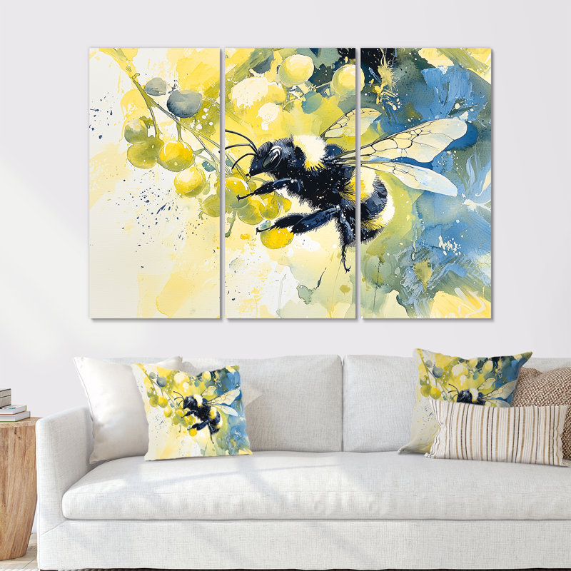 Busy Wings Bee Watercolor - ensemble d'art mural abeille, H 40 po x l 60 po, Impression sans cadre en métal, Does Not Apply