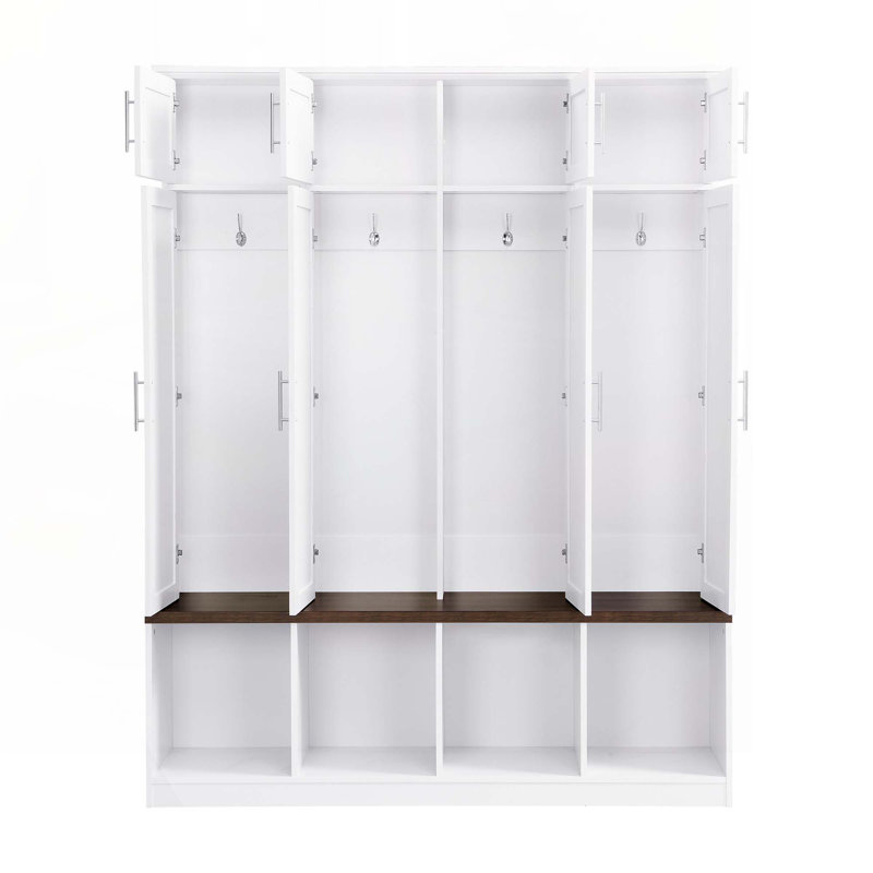 Hall Tree with 4 Hanging Hooks, Wood Grain Bench with Multiple Storage Space, White