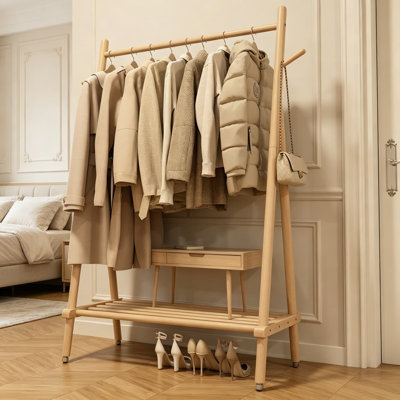 Le support à vêtements en bois massif avec tablettes, le support à vêtements roulant avec roues amovibles, le rangement pour garde-robe robuste peut supporter 350 lb pour le rangement dans la chambre à coucher, l'entrée ou le salon